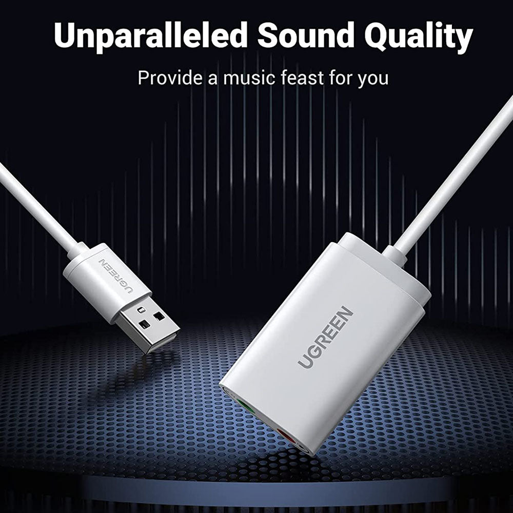 Uniqkart 30724 USB Audio Adapter External Stereo Audio Sound Card with 3.5mm Headphone Microphone Jack for Windows Mac Linux PC Laptop PS5 - White