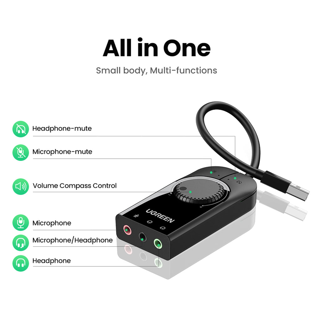 Uniqkart 50599 1m External USB Audio Card with 3.5mm Audio/Mic Jack Audio Adapter Sound Card Compatible with Windows Mac Linux PC PS5/4
