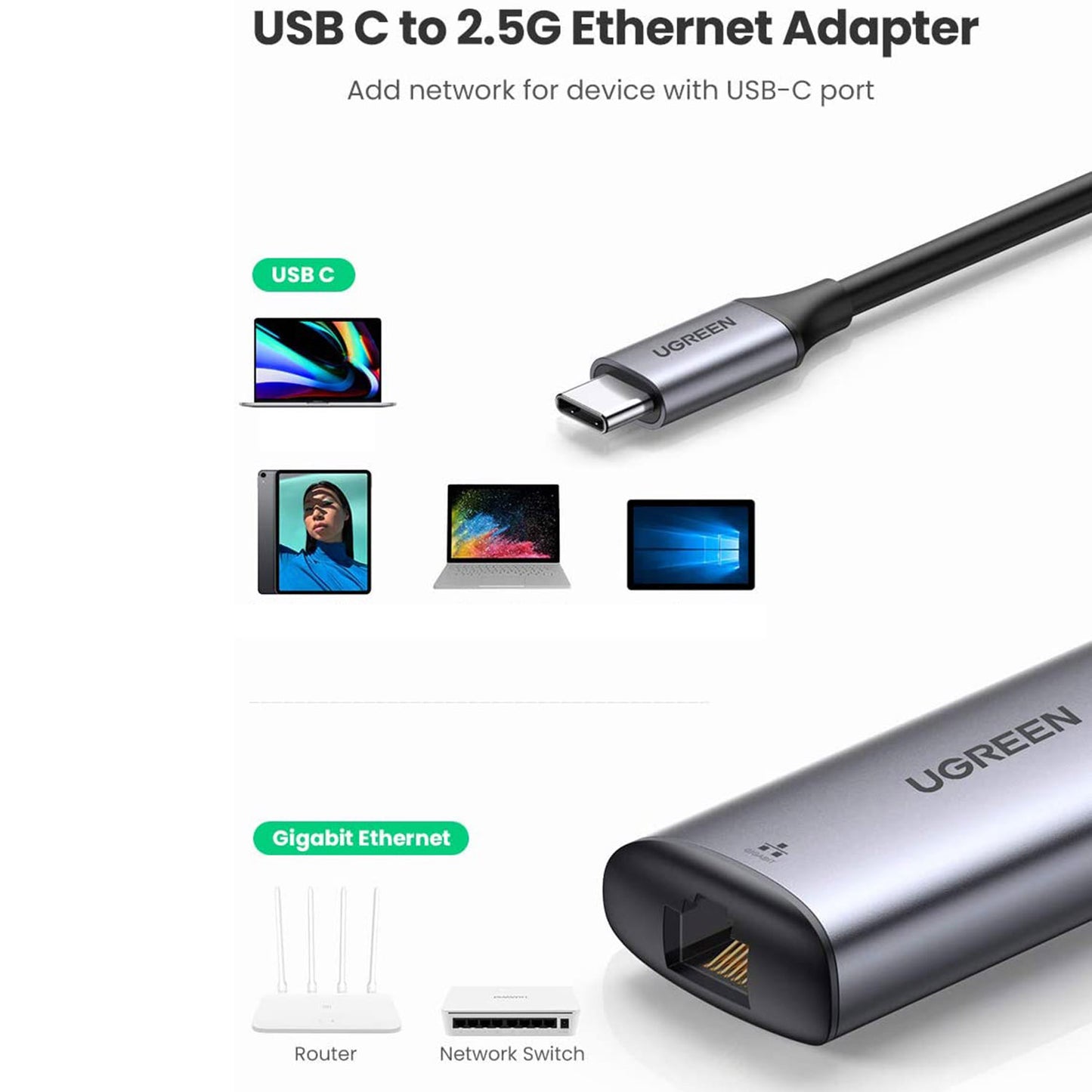 UGREEN 70446 USB C to 2.5G Ethernet Adapter Type C to 2.5 Gigabit Network Thunderbolt 3 RJ45 LAN 2.5Gbps Converter Compatible with MacBook Pro/MacBook Air/iPad Pro/Surface Pro 7/Dell XP15 13 Windows