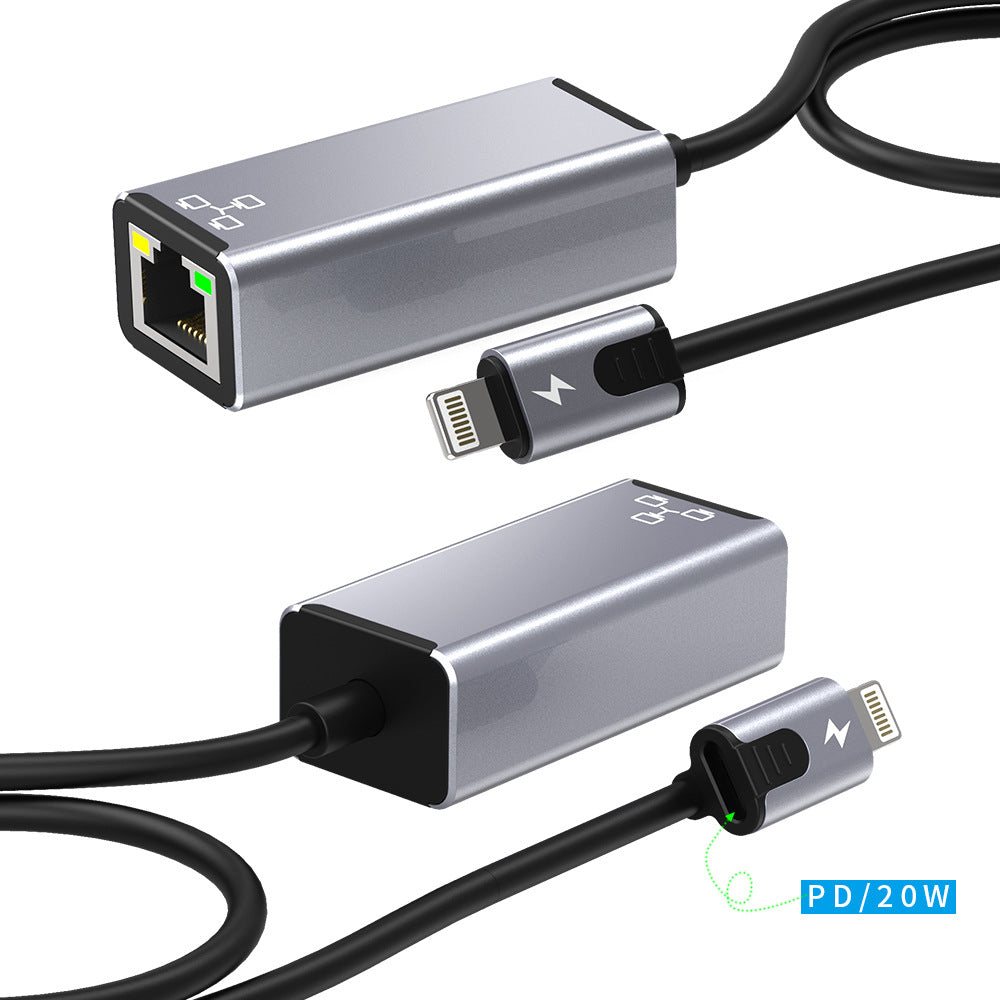 10 / 100Mbps Lightning to RJ45 Ethernet Network Adapter LAN Convertor Cable PD 20W Charging Cord for iPhone / iPad - Silver Grey