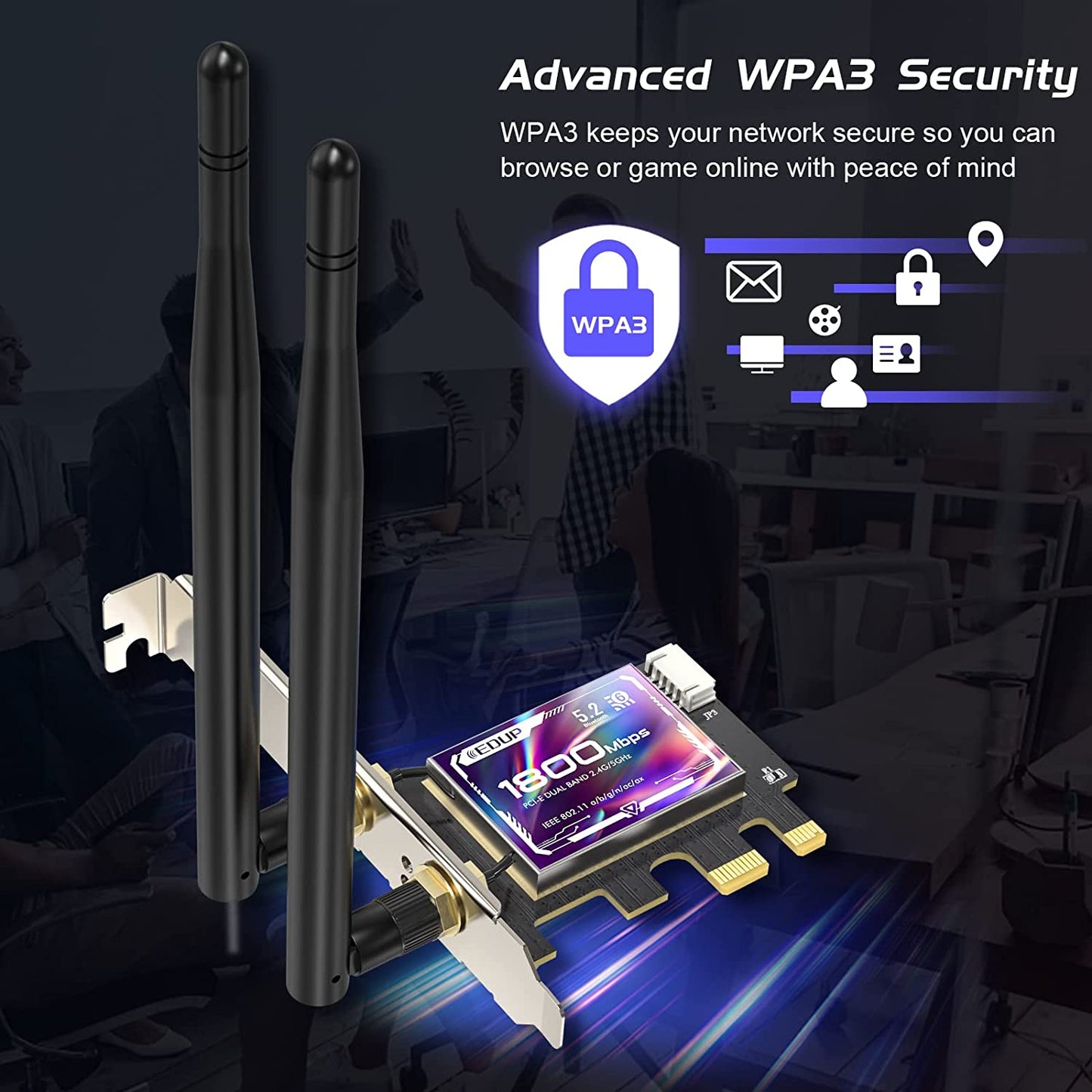 Edup EP-9658 AX1800M Bluetooth 5.2 WiFi 6 PCI-E Network Card 2.4GHz / 5.8GHz Dual Band Network Card for Computer