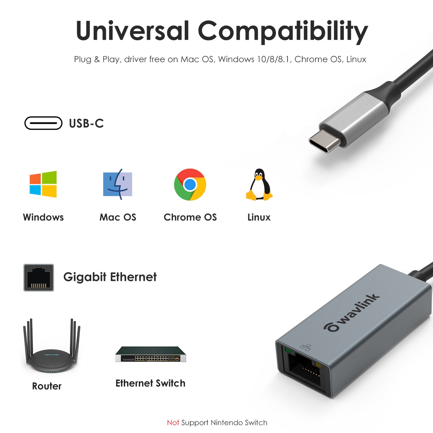 Uniqkart NWU329GC Gigabit Ethernet Adapter USB-C to RJ45 LAN Network Cable Converter