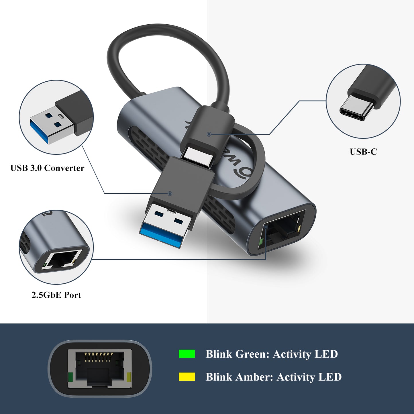Uniqkart NWU330GCA 2.5G USB-C to RJ-45 Ethernet Adapter 2-in-1 Network Converter
