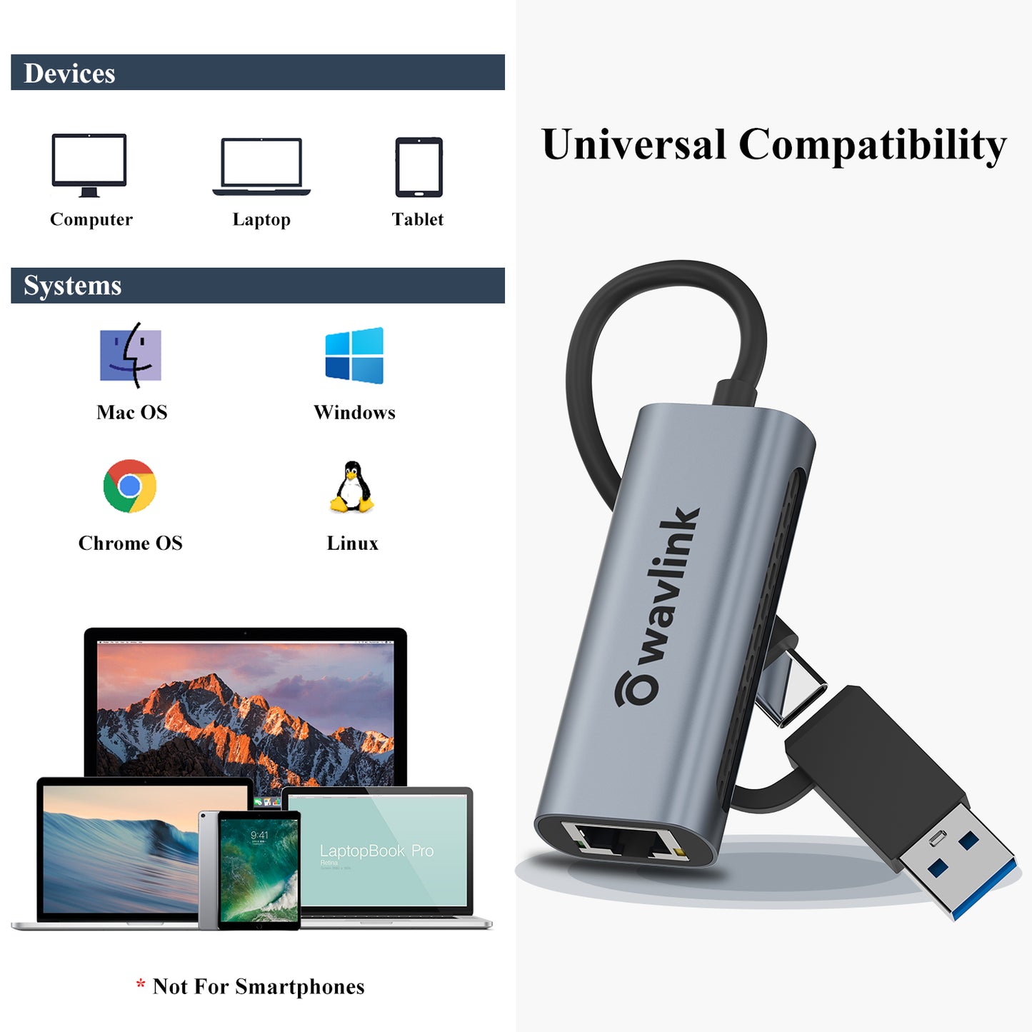 Uniqkart NWU330GCA 2.5G USB-C to RJ-45 Ethernet Adapter 2-in-1 Network Converter