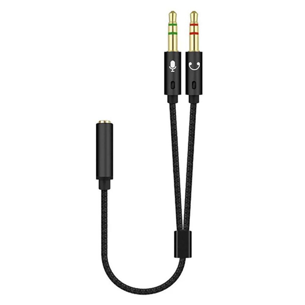 25cm 2 in 1 Audio Adapter Cable Dual 3.5mm Male to 3.5mm Female Braided Cable with Gold Plated Connector for PC Laptops - Black