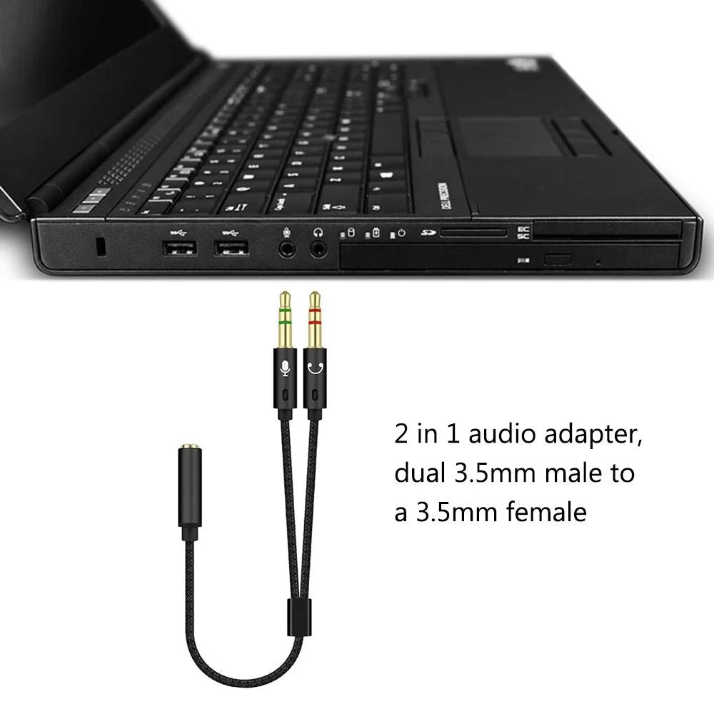 25cm 2 in 1 Audio Adapter Cable Dual 3.5mm Male to 3.5mm Female Braided Cable with Gold Plated Connector for PC Laptops - Black