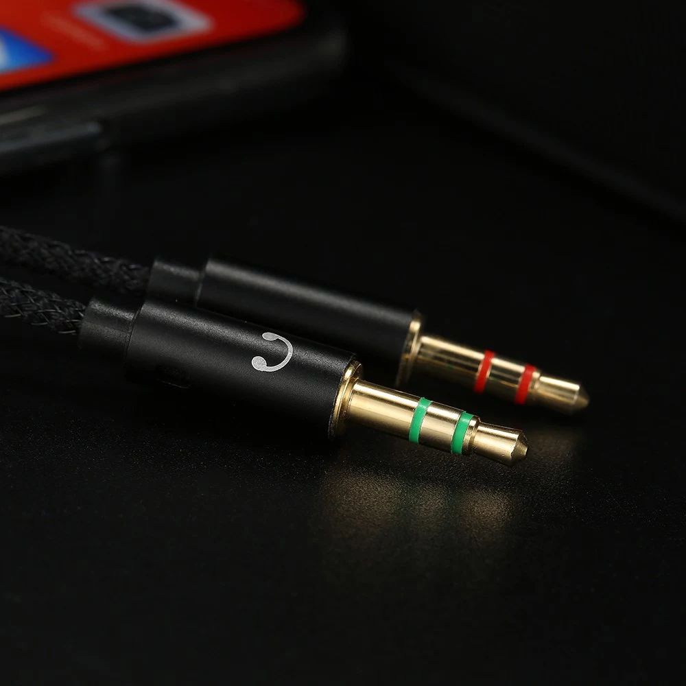 25cm 2 in 1 Audio Adapter Cable Dual 3.5mm Male to 3.5mm Female Braided Cable with Gold Plated Connector for PC Laptops - Black