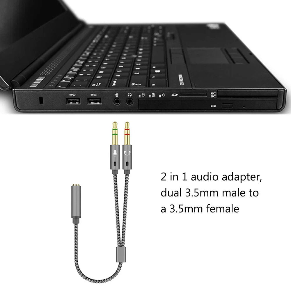 25cm 2 in 1 Audio Adapter Cable Dual 3.5mm Male to 3.5mm Female Braided Cable with Gold Plated Connector for PC Laptops - Grey