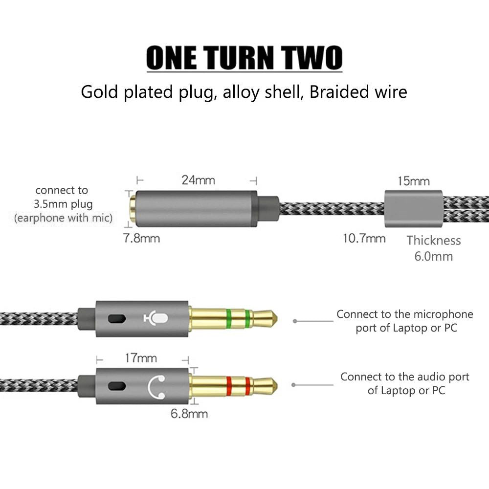 25cm 2 in 1 Audio Adapter Cable Dual 3.5mm Male to 3.5mm Female Braided Cable with Gold Plated Connector for PC Laptops - Grey