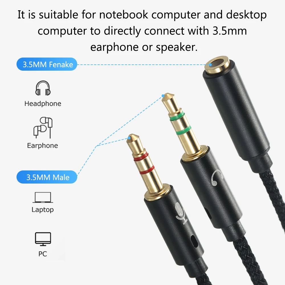 25cm 2 in 1 Audio Adapter Cable Dual 3.5mm Male to 3.5mm Female Braided Cable with Gold Plated Connector for PC Laptops - Grey