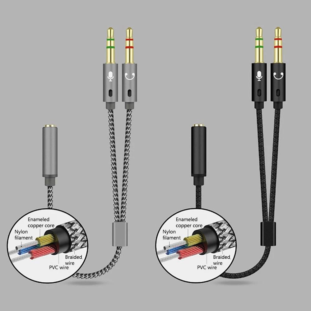 25cm 2 in 1 Audio Adapter Cable Dual 3.5mm Male to 3.5mm Female Braided Cable with Gold Plated Connector for PC Laptops - Grey