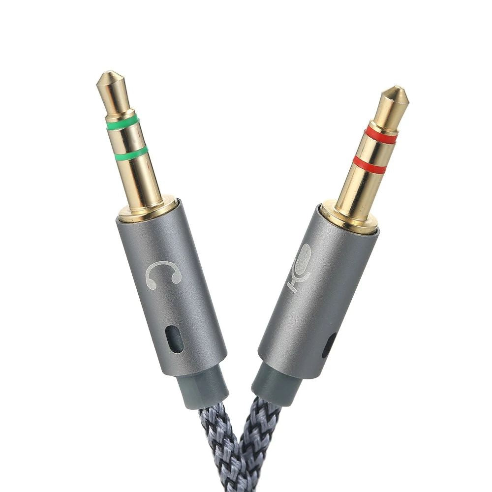 25cm 2 in 1 Audio Adapter Cable Dual 3.5mm Male to 3.5mm Female Braided Cable with Gold Plated Connector for PC Laptops - Grey