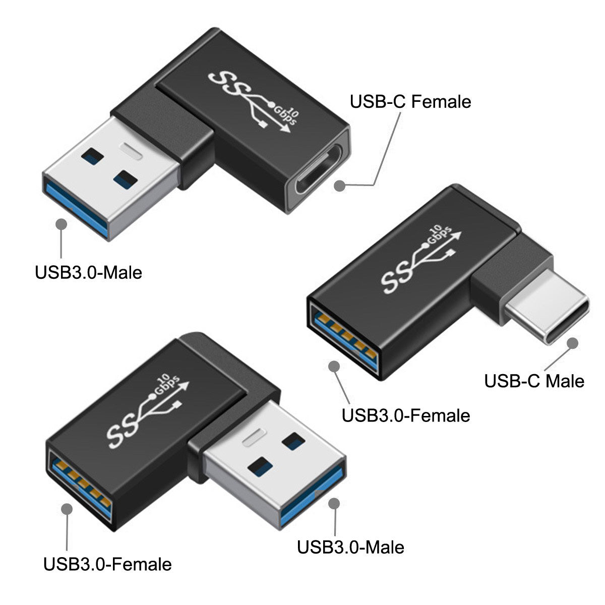 UC-081 3Pcs/Set USB-C to USB-A + USB-A to USB-A Elbow USB3.0 Converter Data Transfer Charging Adapter