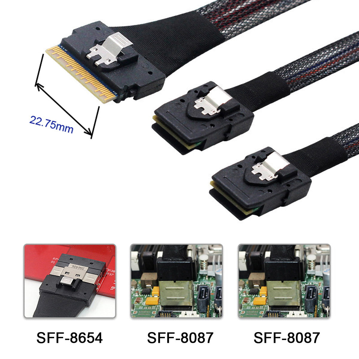 SF-029-0.5M 0.5m PCI-E Ultraport Slimline SAS Slim 4.0 SFF-8654 8i 74pin to Dual SFF-8087 Mini SAS Cable