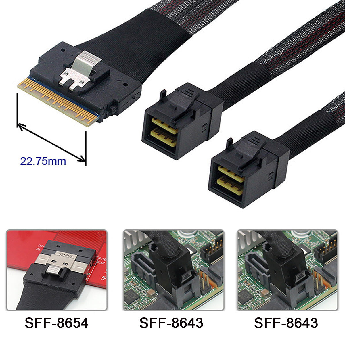 SF-010-0.5M PCI-E Ultraport Slimline SAS Slim 4.0 SFF-8654 8i 74Pin to Dual SFF-8643 4i Mini SAS HD Cable PCI-Express, 0.5m