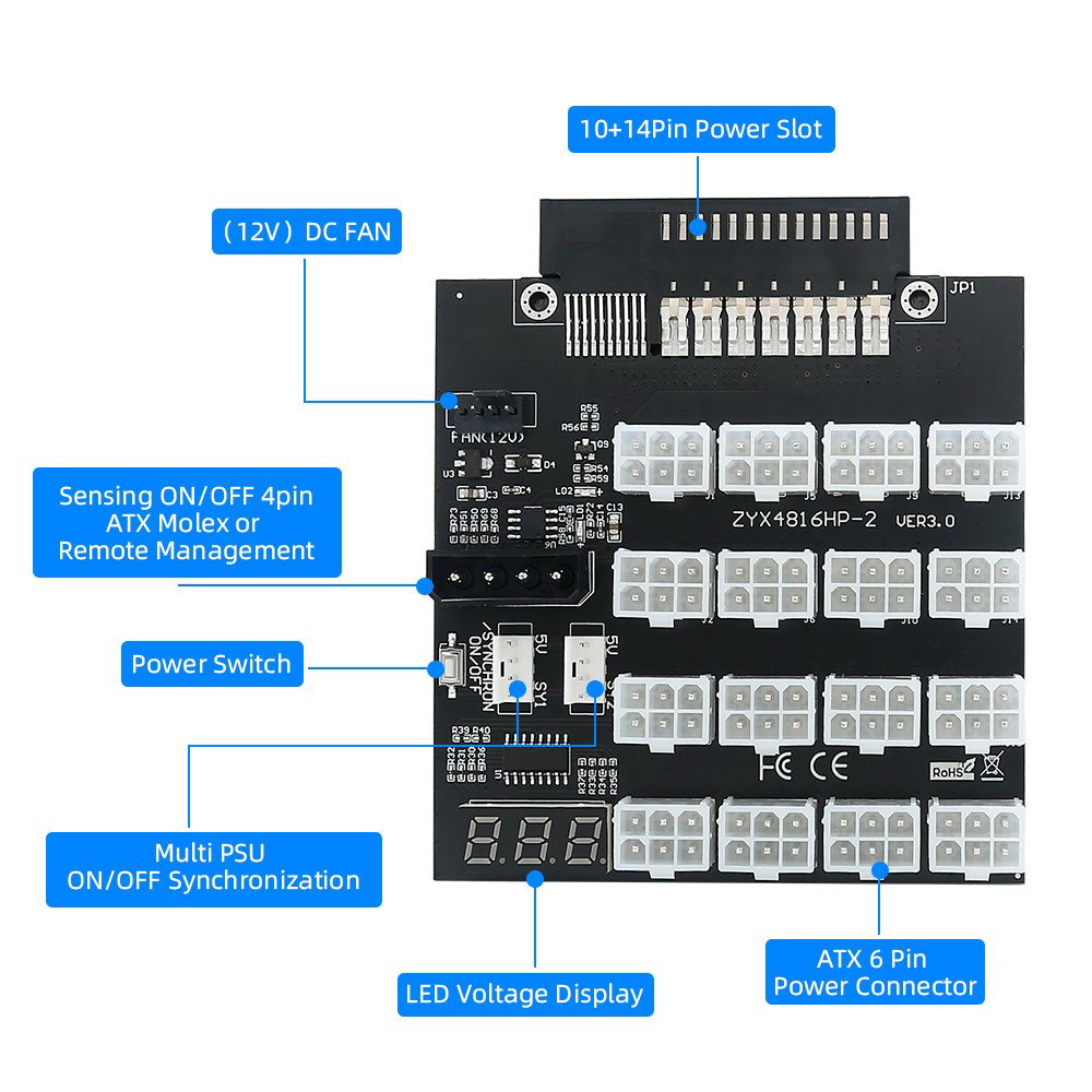 PW-011 For CHIA ETH BTC Mining Miner 12V Flex Slot Server Power Board 14+10Pin to 16x6Pin Power Supply Board