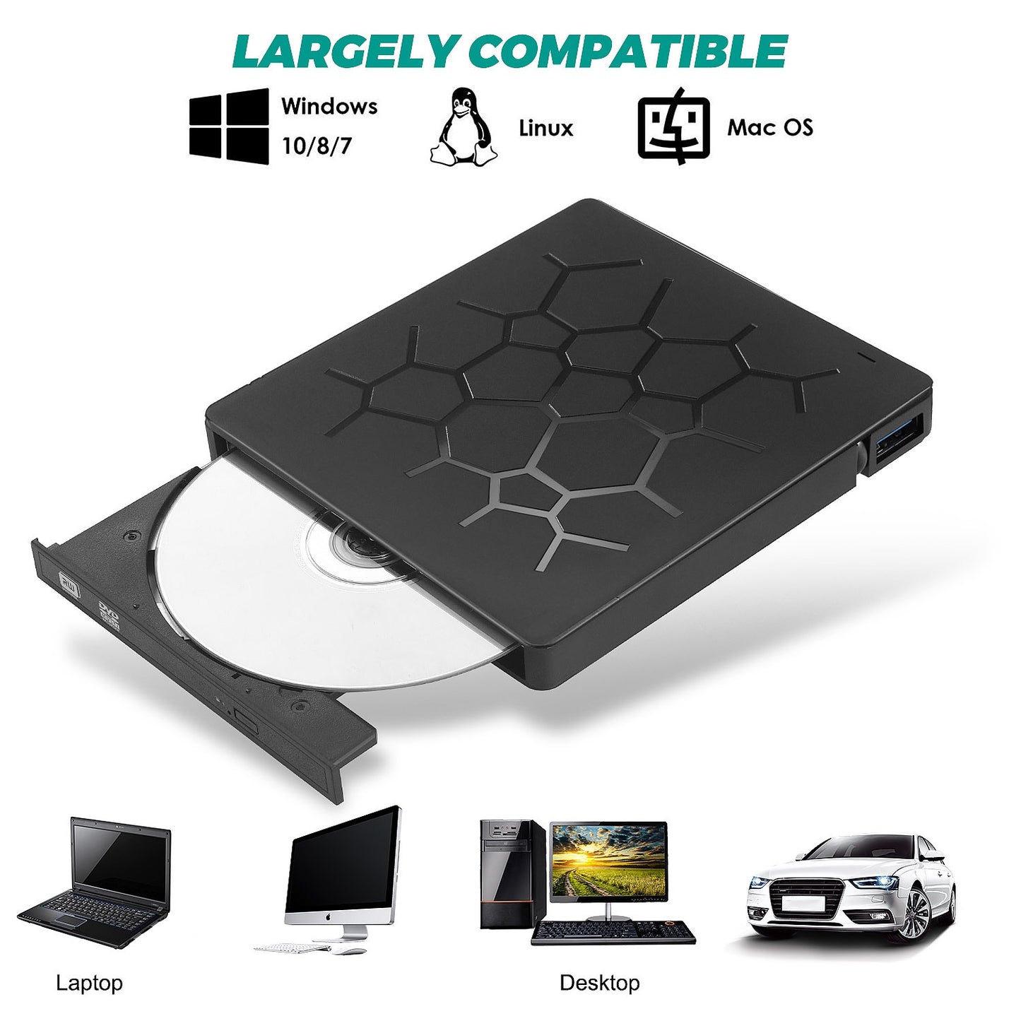 Computer External Optical Drive Burner USB 3.0 Ports TF SD Card Reader High Speed DVD Burner