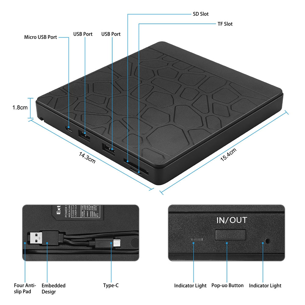 USB 3.0 + Type-C Computer External Optical Drive Burner Dual USB Ports TF SD Card Reader High Speed DVD Burner