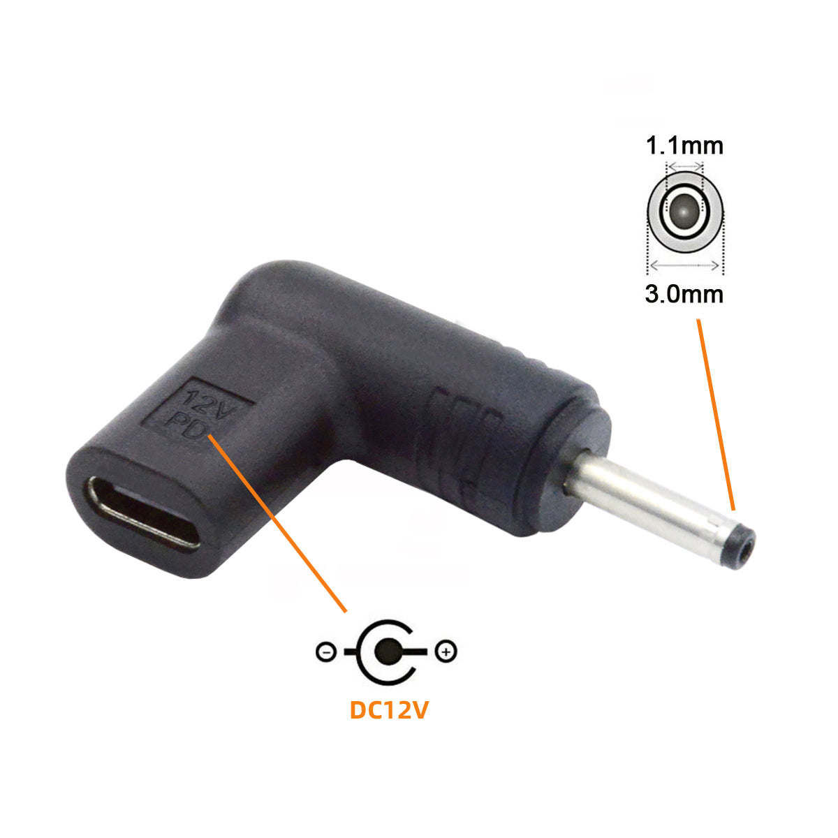 UC-090-3011MM Right Angled Connector USB 3.1 Type C Female to DC 12V Plug 90 Degree Adapter PD Emulator Trigger Converter, DC3.0*1.1mm