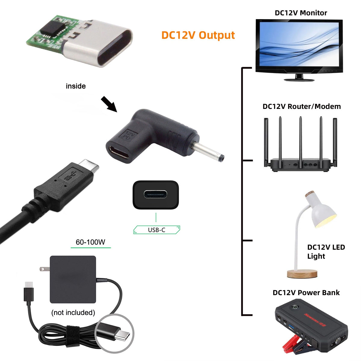 UC-090-3011MM Right Angled Connector USB 3.1 Type C Female to DC 12V Plug 90 Degree Adapter PD Emulator Trigger Converter, DC3.0*1.1mm