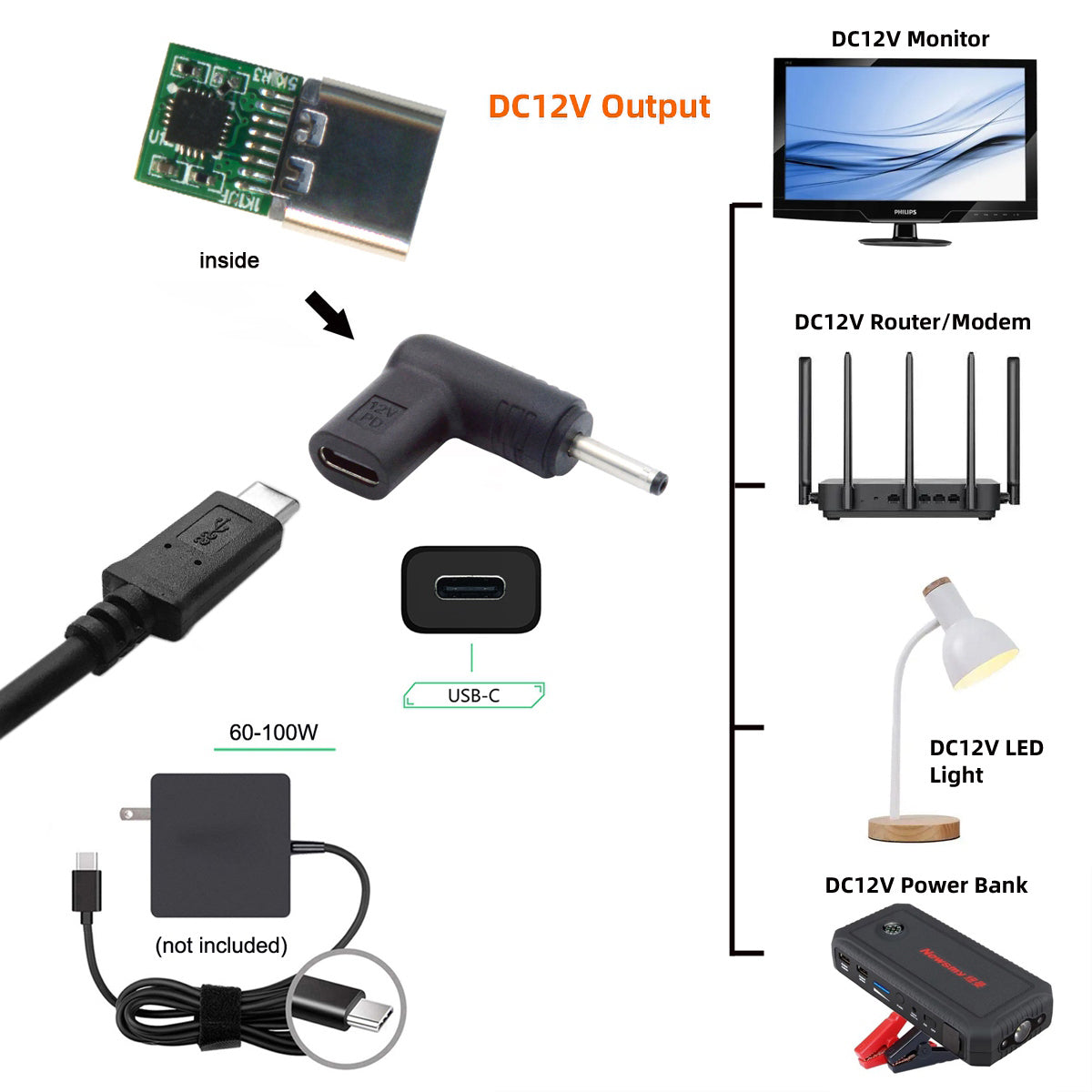 UC-090-3513MM Laptop Power Adapter USB 3.1 Type C Female to DC 12V Plug PD Emulator Trigger 90 Degree Angled Converter, DC3.5*1.3mm