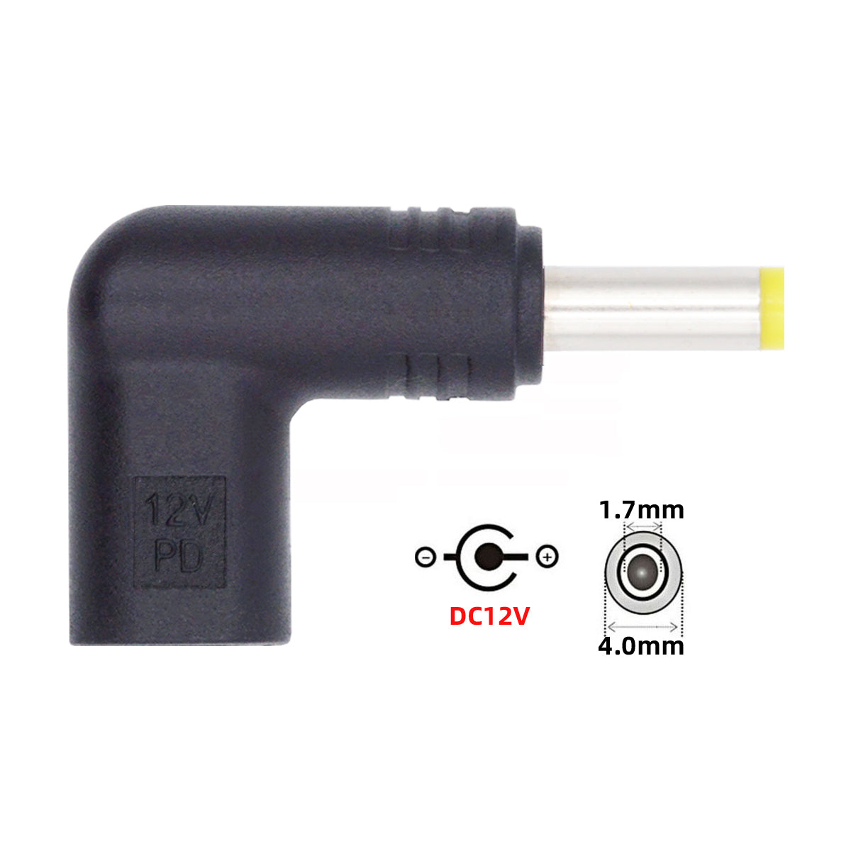 UC-090-4017MM USB 3.1 Type C to DC 12V Plug Female to Male Adapter PD Emulator Trigger 90 Degree Angled Converter, DC4.0*1.7mm