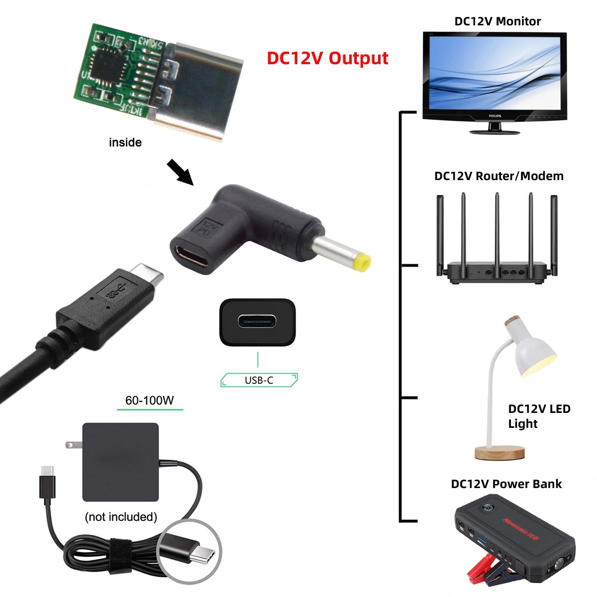UC-090-4017MM USB 3.1 Type C to DC 12V Plug Female to Male Adapter PD Emulator Trigger 90 Degree Angled Converter, DC4.0*1.7mm