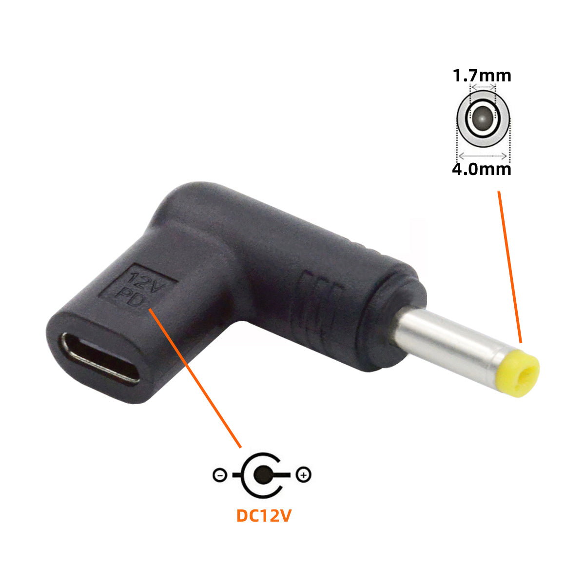 UC-090-4017MM USB 3.1 Type C to DC 12V Plug Female to Male Adapter PD Emulator Trigger 90 Degree Angled Converter, DC4.0*1.7mm