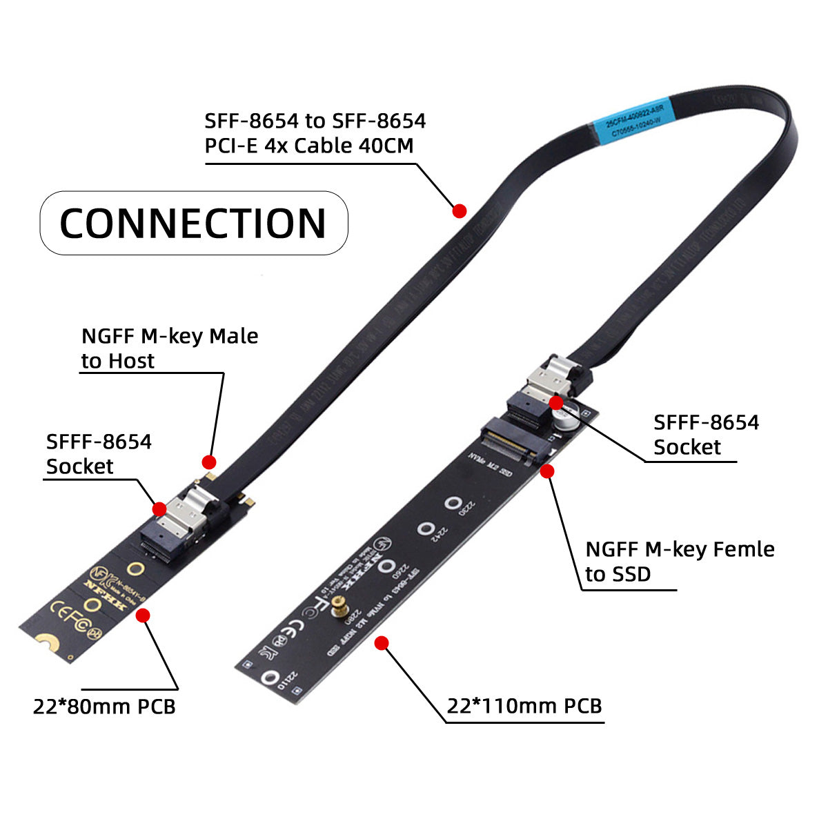 SA-040+SF-100-0.4M NVME M-key Male to Female Extension Cable Connector for Mainboard SSD