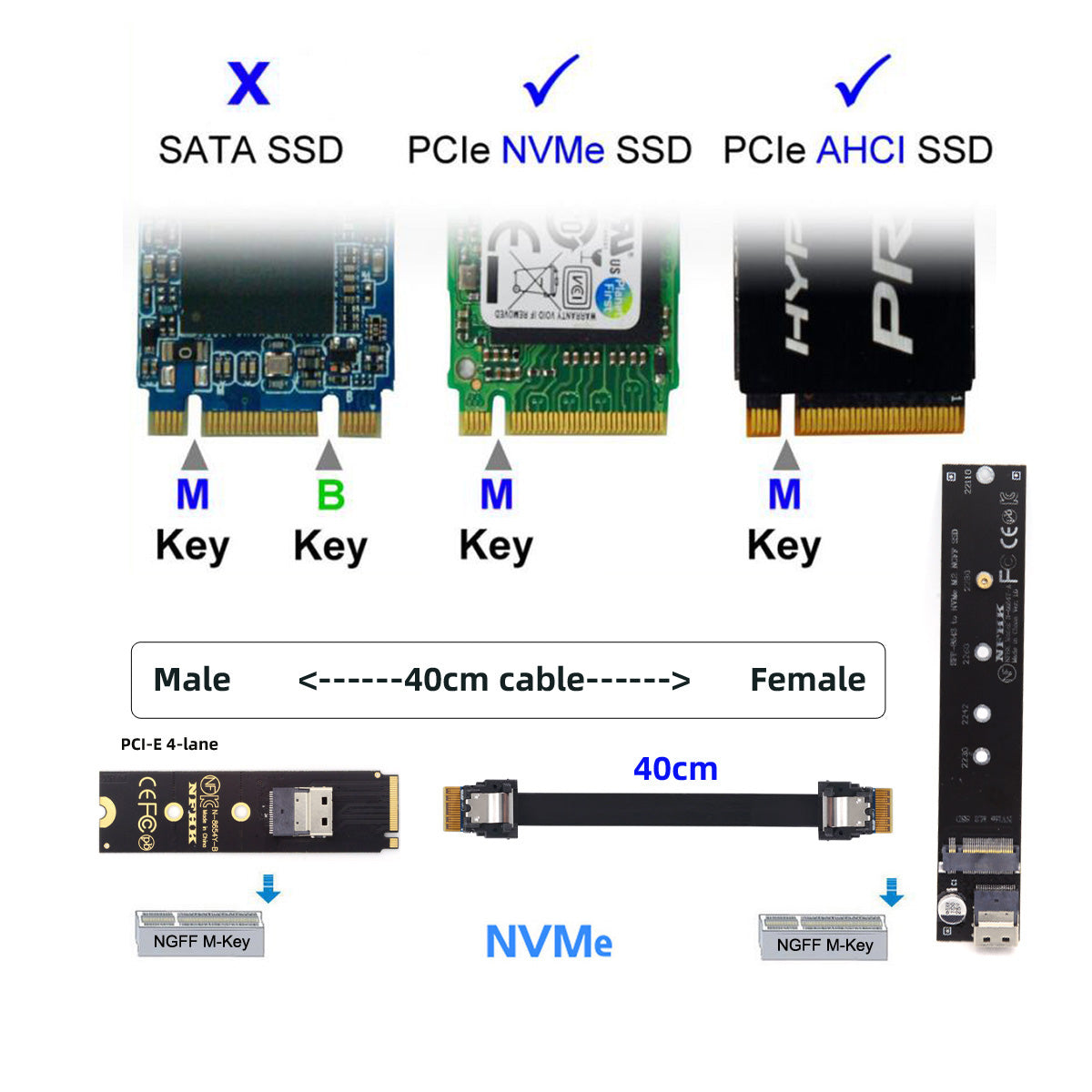 SA-040+SF-100-0.4M NVME M-key Male to Female Extension Cable Connector for Mainboard SSD