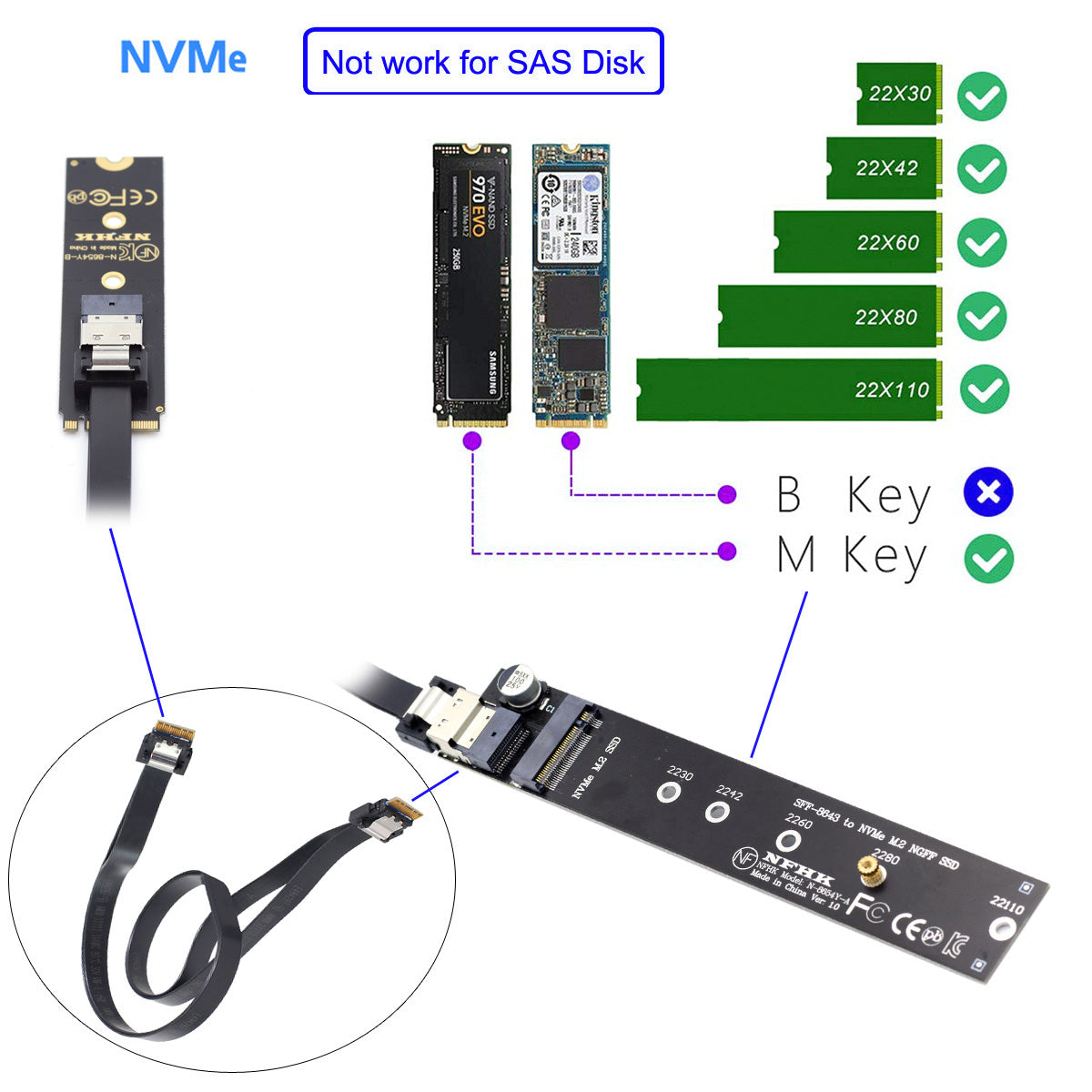 SA-040+SF-100-0.4M NVME M-key Male to Female Extension Cable Connector for Mainboard SSD