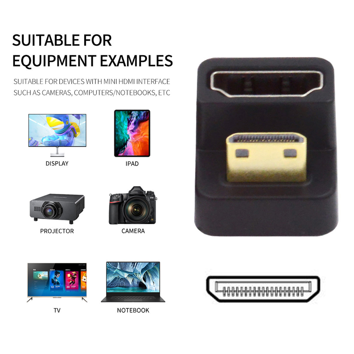HD-001-DN Mini HDMI 1.4 Male to HDMI Female Extension Adapter 360 Degree Down Opposite U Shape Back Angled Converter