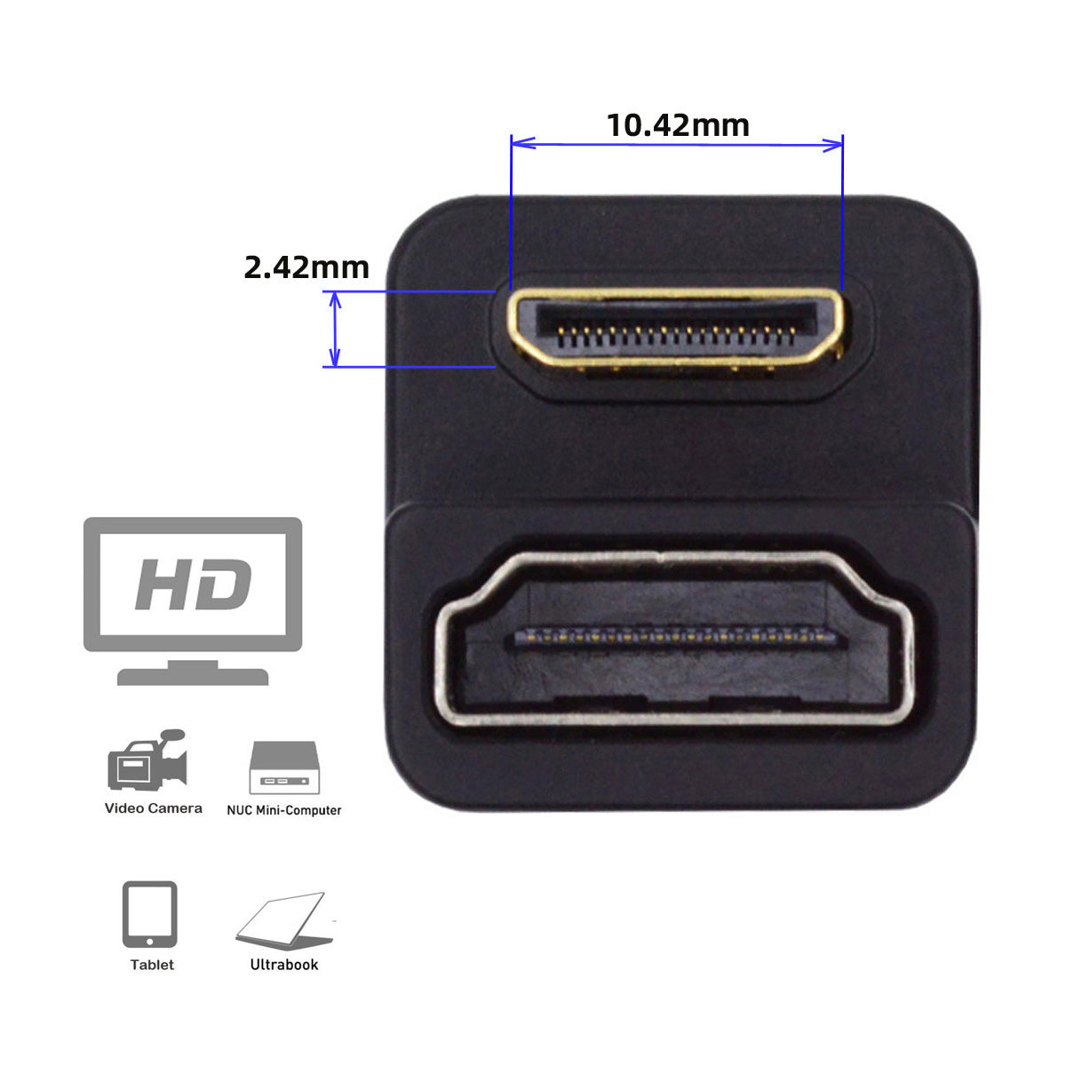 HD-001-DN Mini HDMI 1.4 Male to HDMI Female Extension Adapter 360 Degree Down Opposite U Shape Back Angled Converter