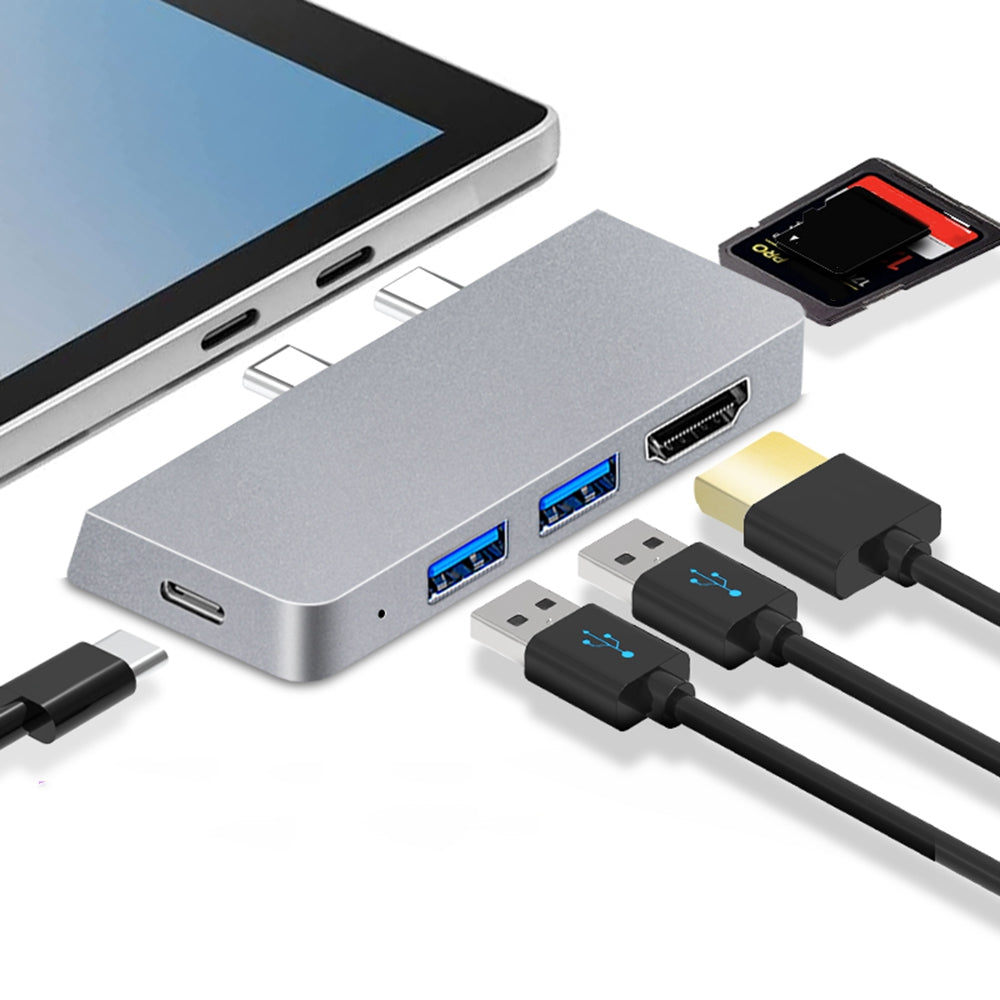 SFW08 Type-C Docking Station 6-in-1 Dual Type-C Hub Adapter USB-C to USB3.0 / 2.0 + HD + Type-C Female + SD / TF Card Ports Support Surface Pro8