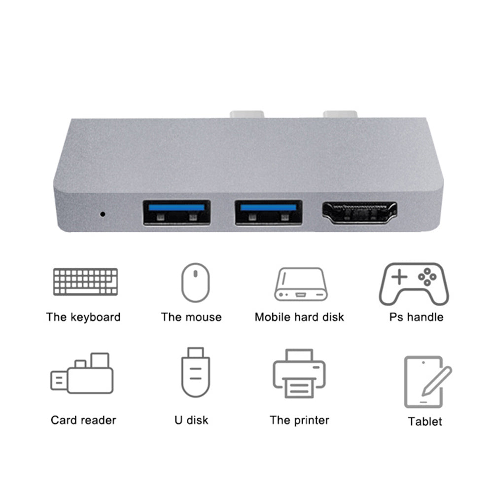 SFW08 Type-C Docking Station 6-in-1 Dual Type-C Hub Adapter USB-C to USB3.0 / 2.0 + HD + Type-C Female + SD / TF Card Ports Support Surface Pro8
