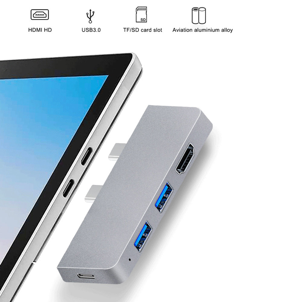 SFW08 Type-C Docking Station 6-in-1 Dual Type-C Hub Adapter USB-C to USB3.0 / 2.0 + HD + Type-C Female + SD / TF Card Ports Support Surface Pro8