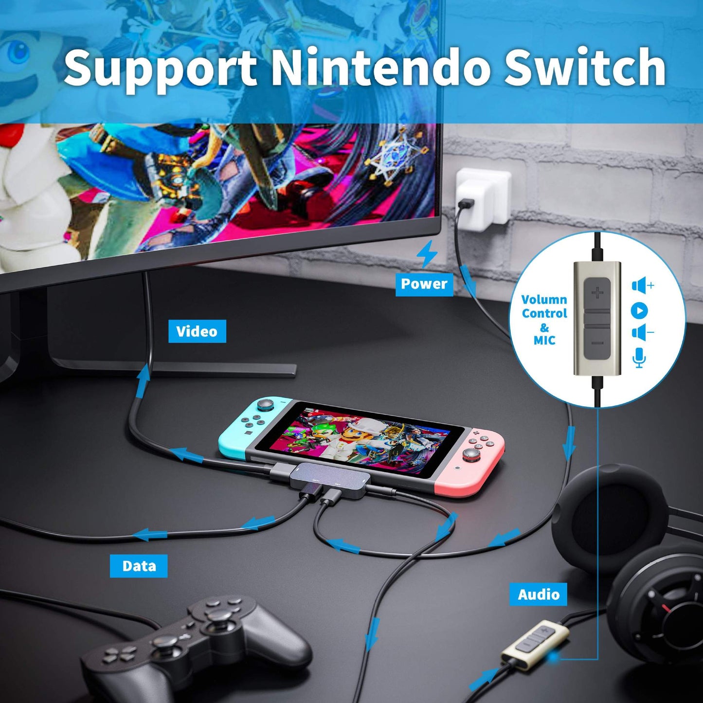 TC041 4-In-1 Type-C Adapter USB C Hub to HD Video Output+USB 3.0+PD 60W USB-C Port+3.5mm Audio Port