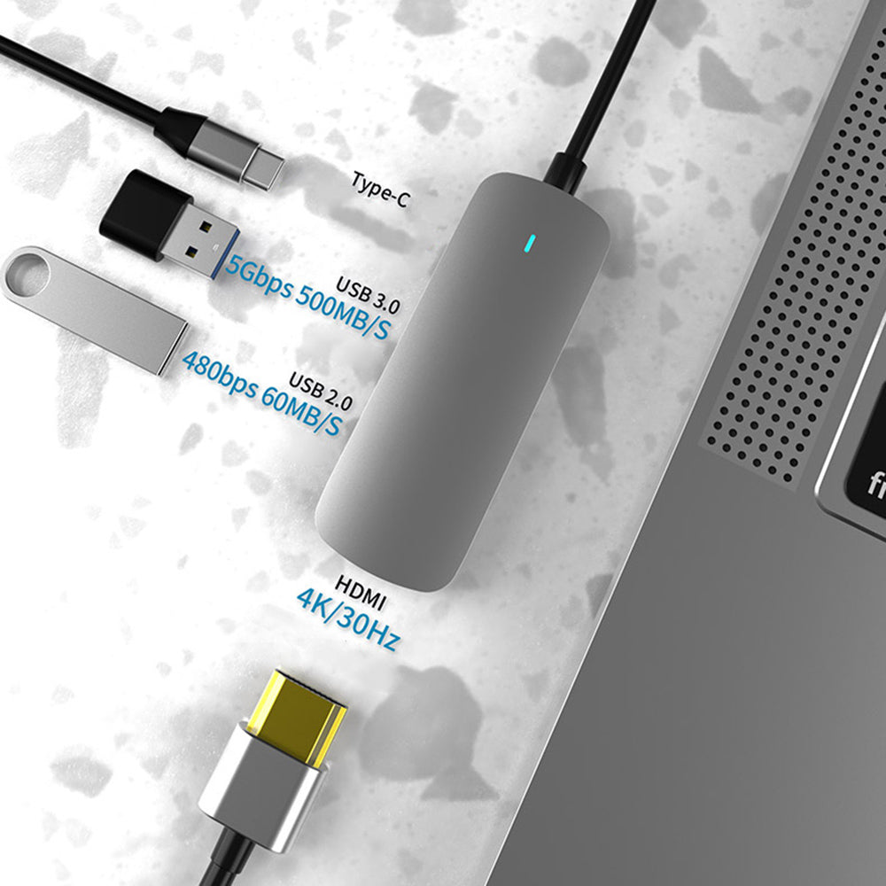 TX4H Type-C Hub to 4K HD Video Output+Type-C Charging+USB 3.0+USB 2.0, 4-In-1 USB-C Dock Expansion Station for Cellphone Computer