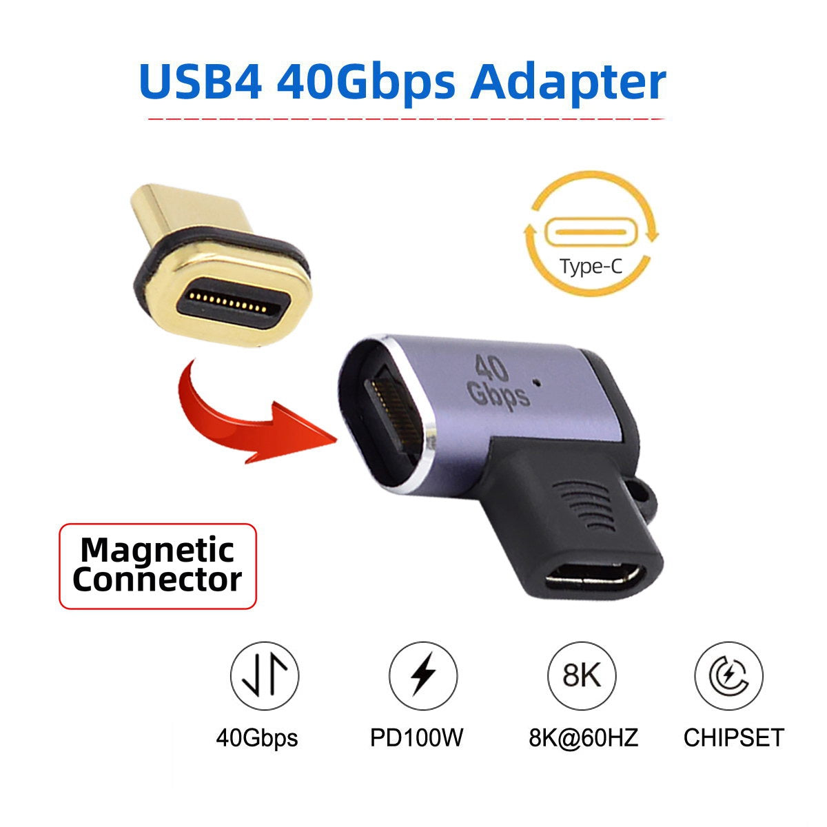 UC-028-LE 40Gbps USB4 Type-C Male to Female 90 Degrees Adapter Right Angled Magnetic Connector
