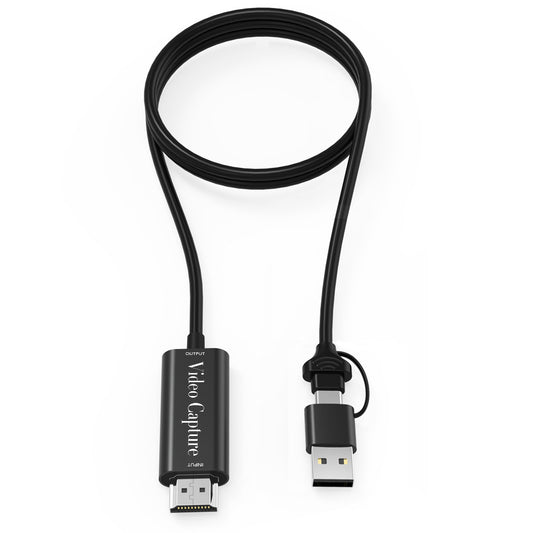 HU-12 1080P High Resolution USB+Type-C to HDMI Capture Card Live and Record Video Audio Capture Device with 2m Cable for Live Broadcasting Streaming