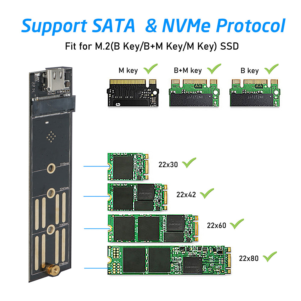 M.2 NVME / SATA Dual Protocol Hard Drive Case Aluminum Alloy SSD Enclosure Support UASP - Silver Grey