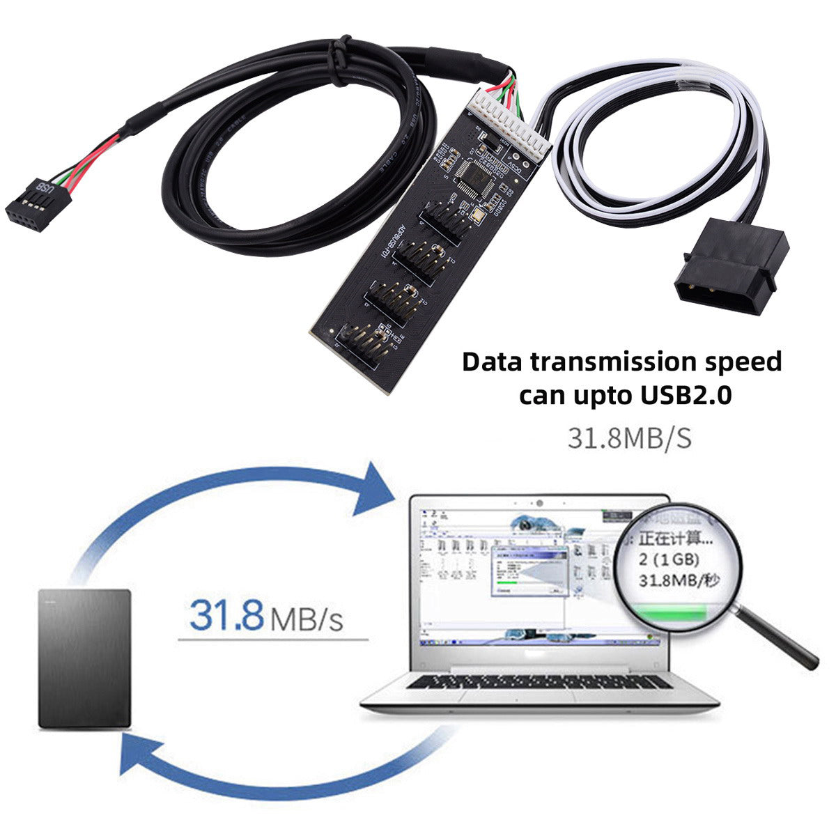 U2-053 USB 2.0 9pin Header 1 to 4 Female Splitter Extension Cable Connector Adapter HUB with IDE 5V Power Supply