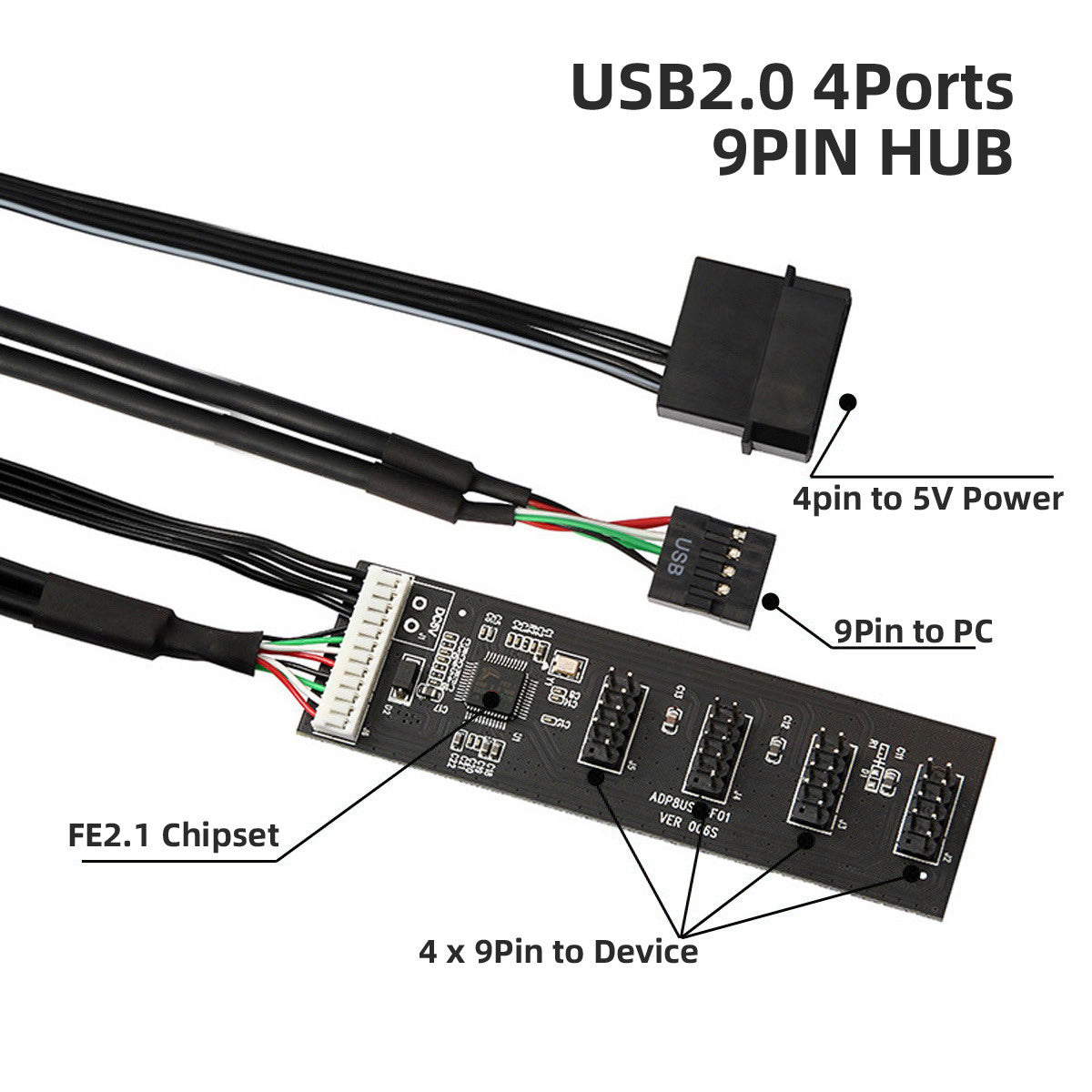 U2-053 USB 2.0 9pin Header 1 to 4 Female Splitter Extension Cable Connector Adapter HUB with IDE 5V Power Supply