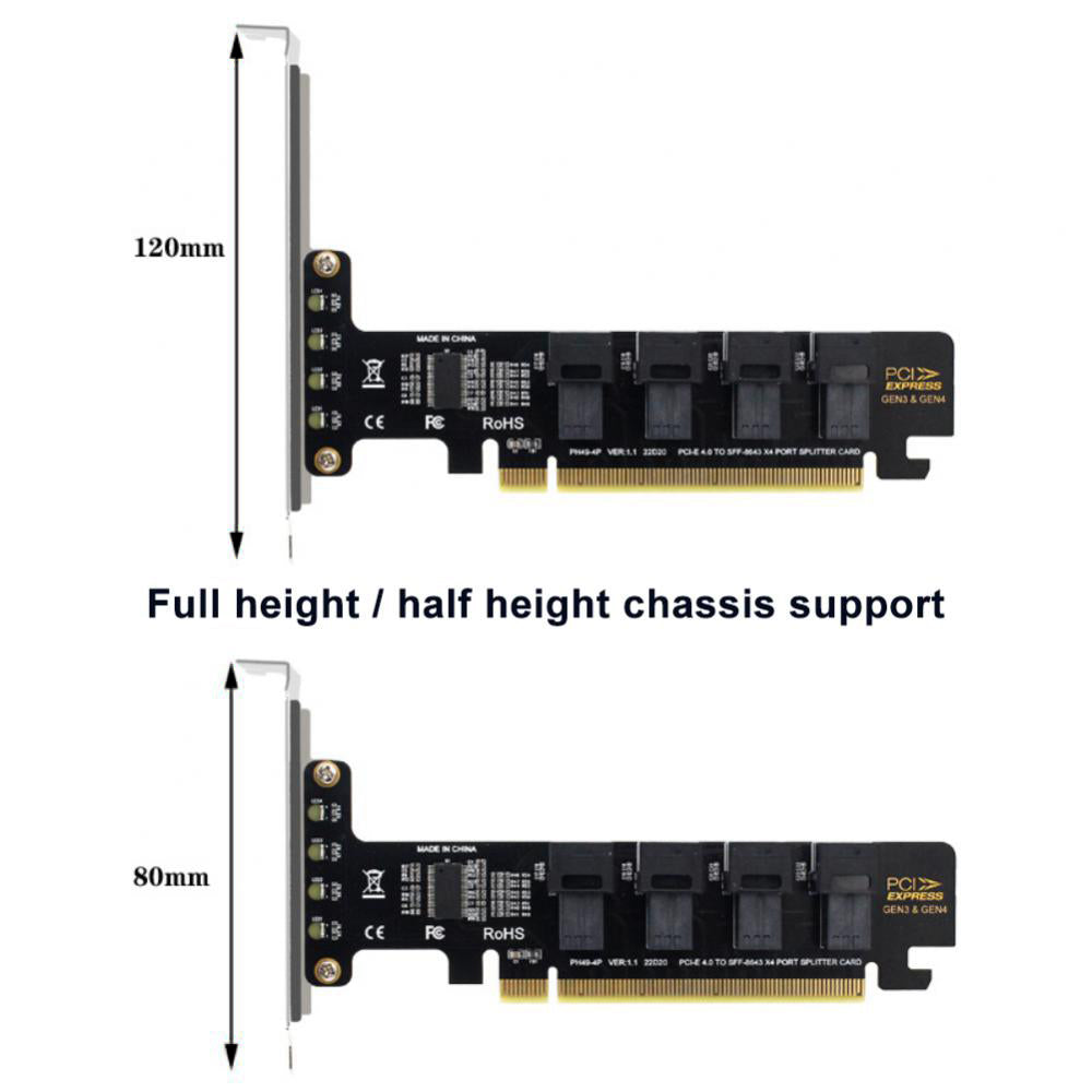 U2 PCIe X16 to 4 Ports U.2 NVME SFF-8643 SFF-8639 Expansion Card PCI Express 4.0 Split Card