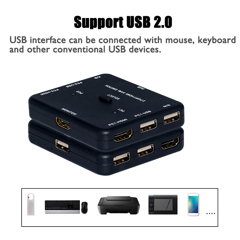 Computer Host HDMI 2 In 1 Out KVM Switch 2 Port Mouse Keyboard USB Print Share Device