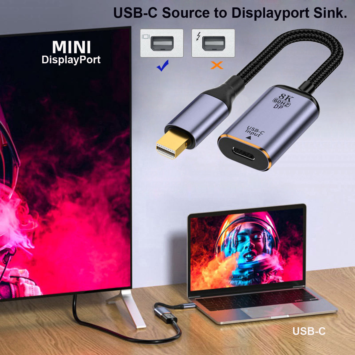 UC-038-M8K Type C Female to Mini Displayport Sink Adapter HDTV Cable 8K / 60Hz 4K / 120Hz for Tablet Phone Laptop