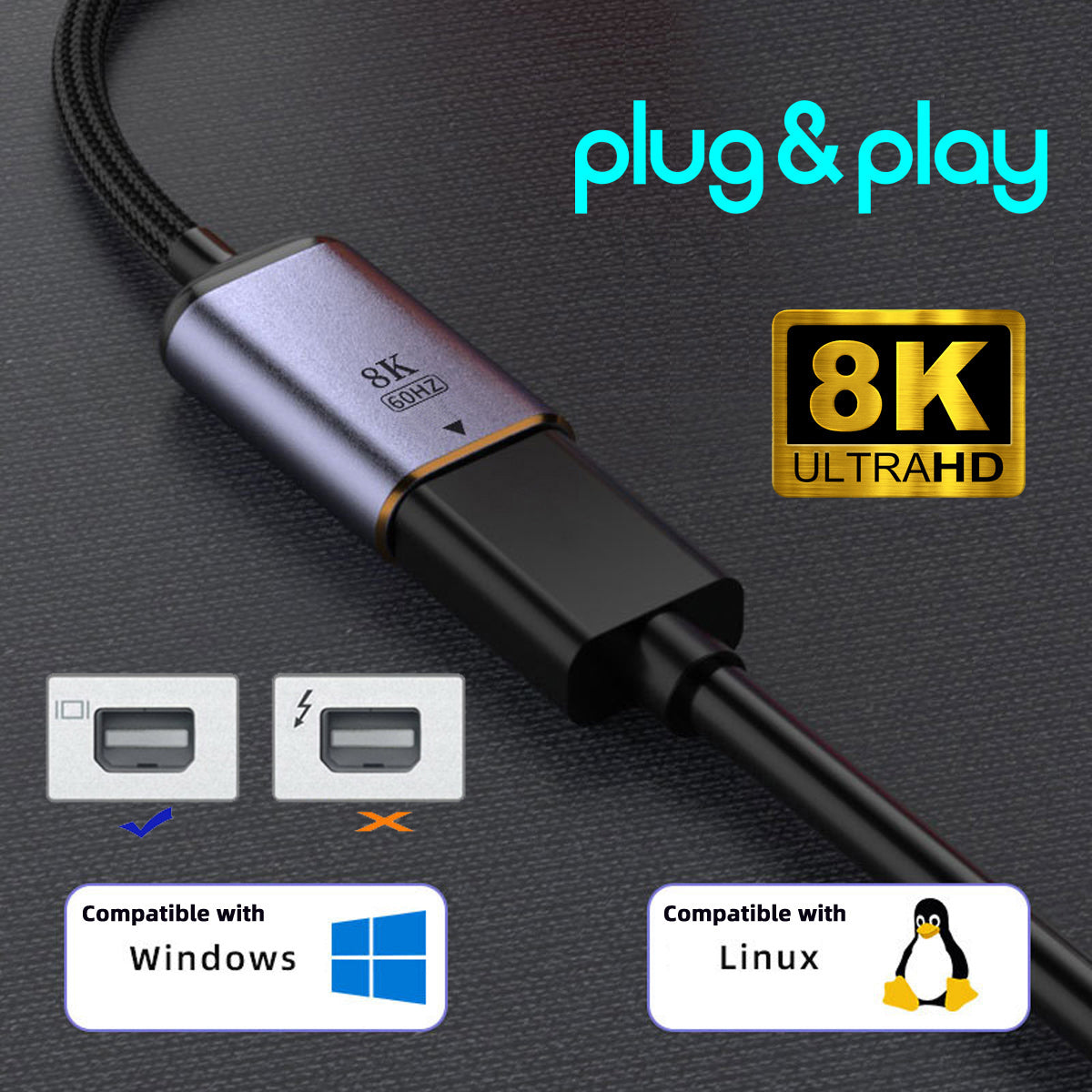 UC-038-M8K Type C Female to Mini Displayport Sink Adapter HDTV Cable 8K / 60Hz 4K / 120Hz for Tablet Phone Laptop