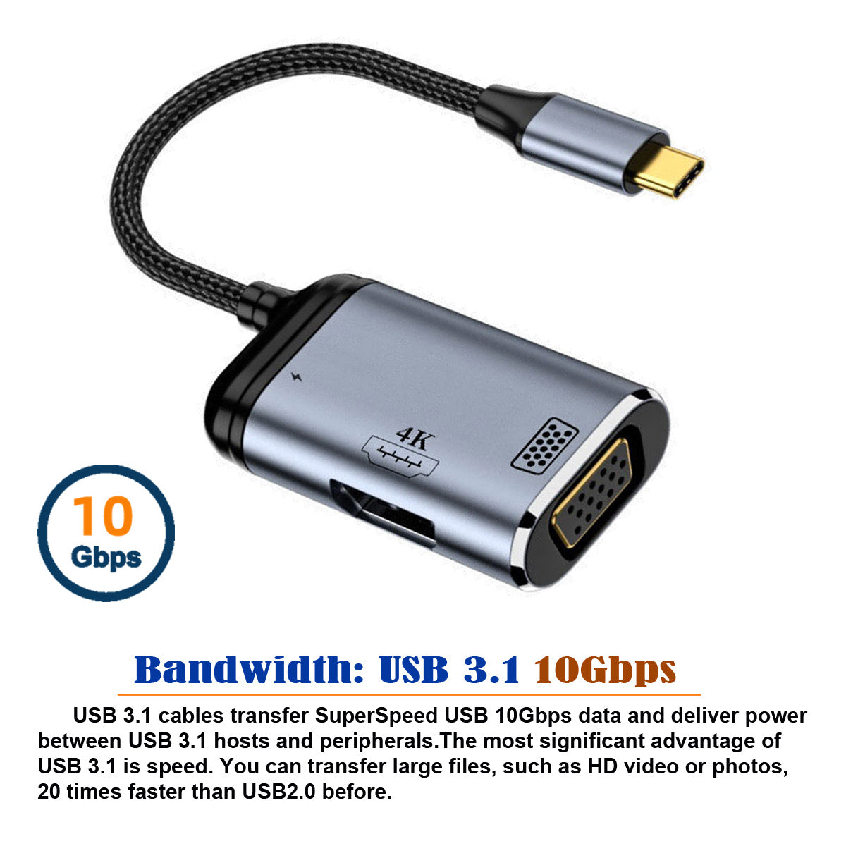 UC-027-Y001 USB-C Type C to HD VGA Converter Adapter 4K 60Hz 1080P with Female PD Power Port