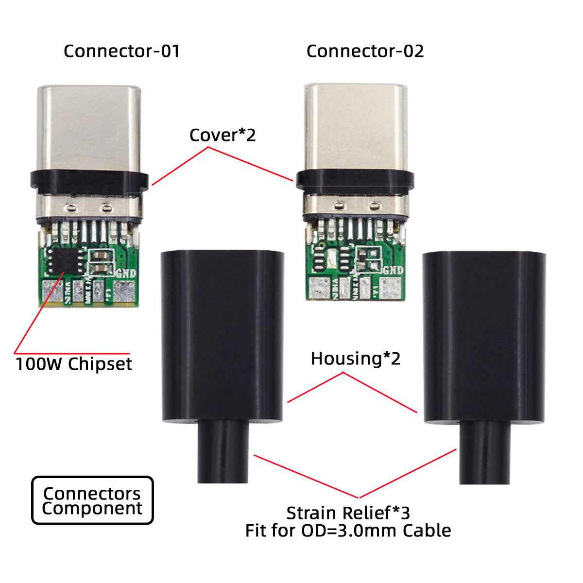 CN-004 2Pcs / Set Type-C 24Pin Connector Plug USB-C Male PD 100W USB2.0 Data Connector with Housing Cover