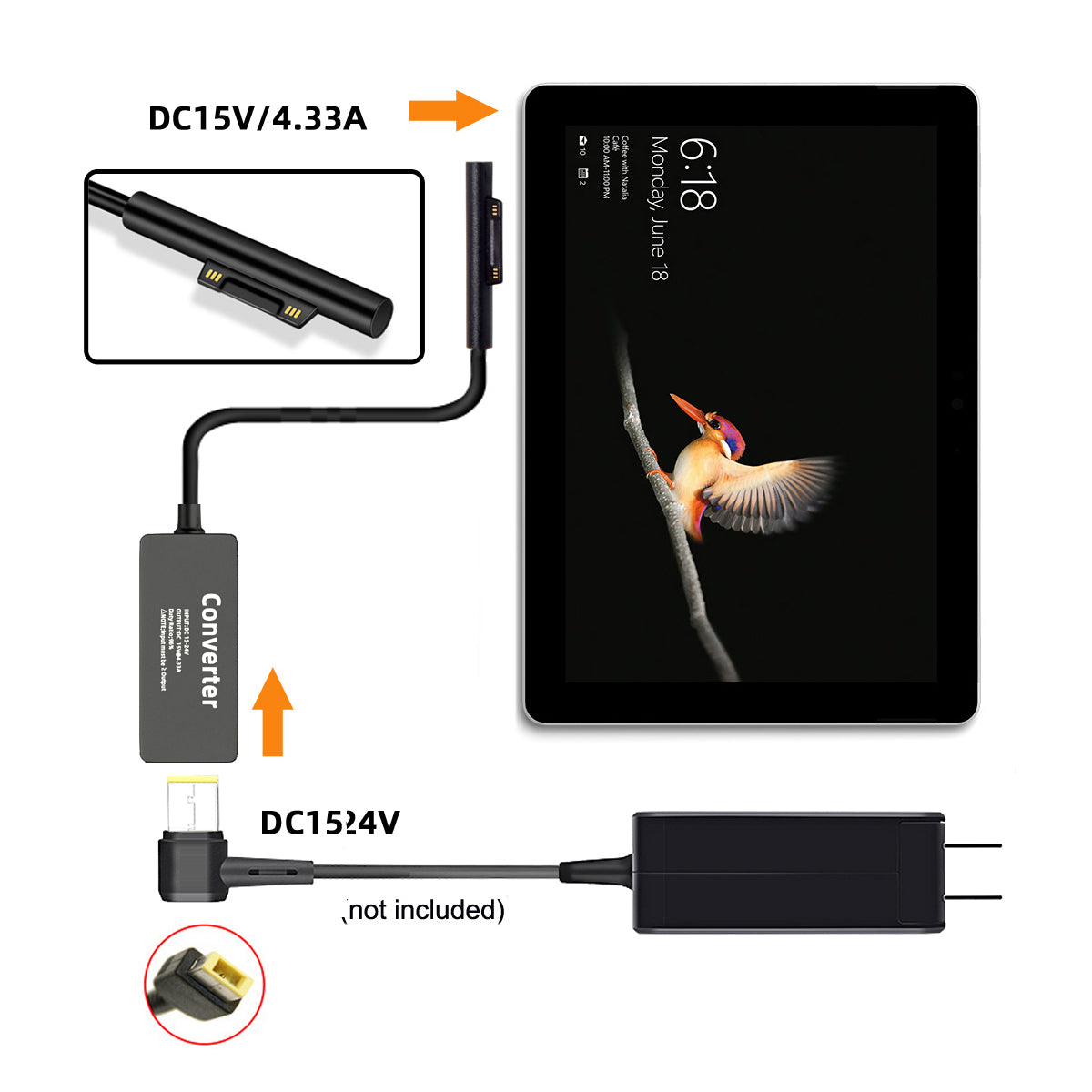 PW-016-1145MM Rectangle Power Thinkpad X1 20V 15V-24V to Surface Pro 3 / 4 / 5 / 6 / 7 / 8 / 9 Charge Converter with Cable